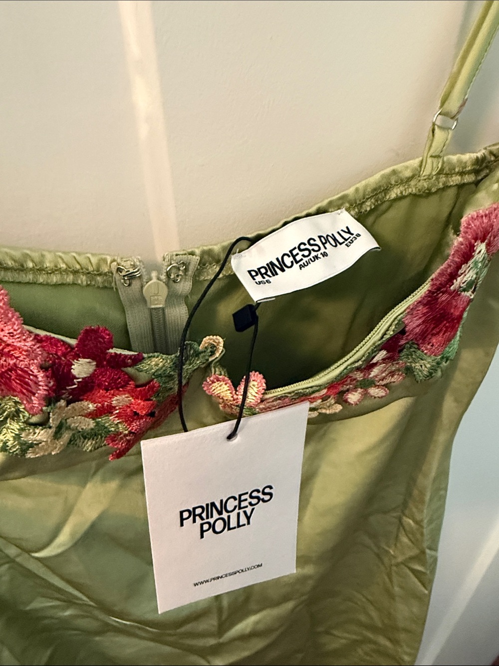 Princess Polly Green Slip Dress with Pink Floral Trim - Picture 4 of 10